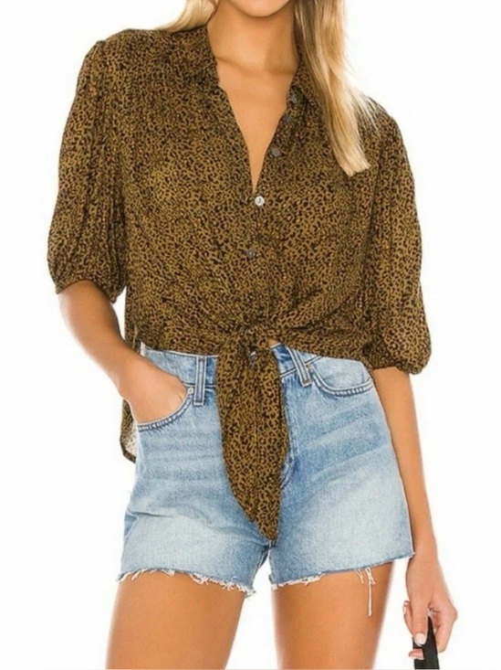 Free People Tops - Free People Leopard Print Button Front Tie Top Boho Festival Blouse Small